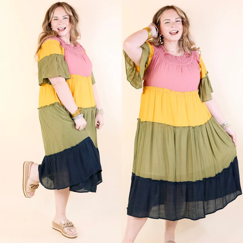 Midi dresses with metallic threads for a glamorous evening event In the Villa Color Block Off the Shoulder Midi Dress in Mustard, Olive, Mauve, and Navy Midi dresses with metallic threads for a glamorous evening event In the Villa Color Block Off the Shoulder Midi Dress in Mustard, Olive, Mauve, and Navy