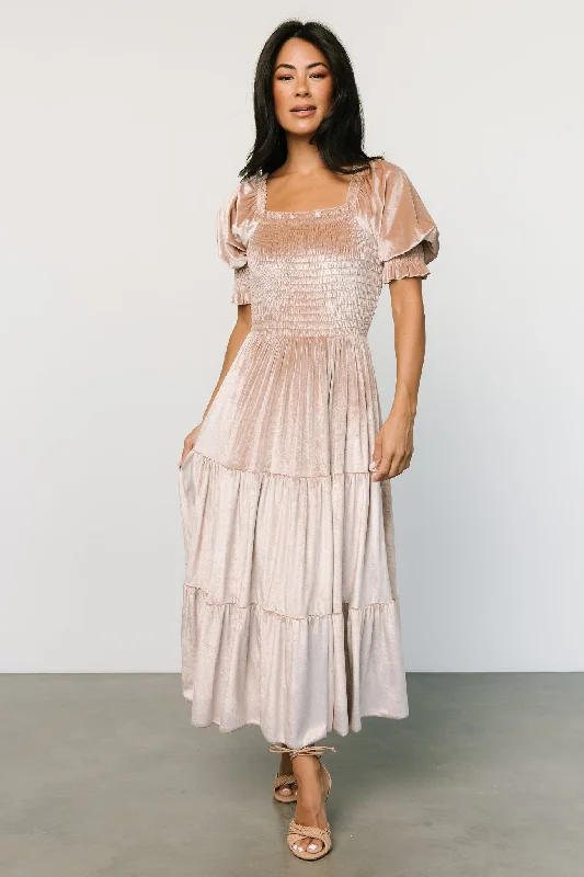 Midi dresses with ruched bodices for a feminine and fitted feel Vivaldi Smocked Velvet Midi Dress | Champagne Midi dresses with ruched bodices for a feminine and fitted feel Vivaldi Smocked Velvet Midi Dress | Champagne