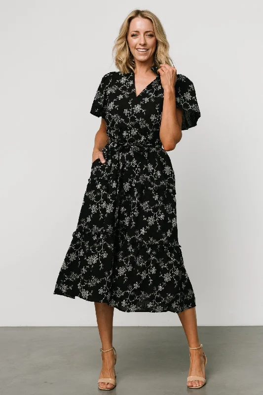 Midi dresses with button - down skirts for a unique and functional design Odeya Tiered Midi Dress | Black + White Midi dresses with button - down skirts for a unique and functional design Odeya Tiered Midi Dress | Black + White