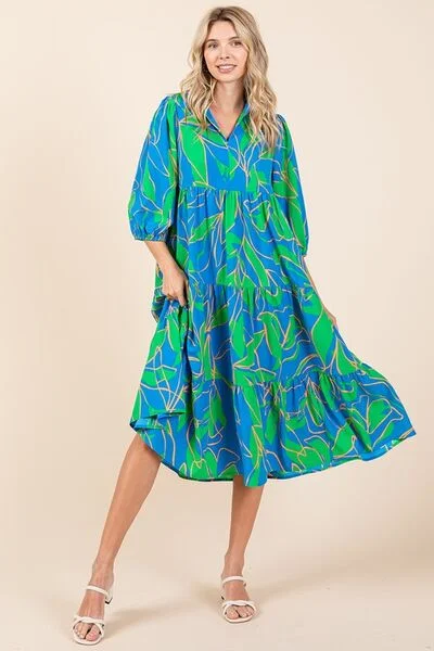 Midi dresses with ribbed textures for a unique and tactile appearance Tiered Printed Collared Neck Midi Dress Midi dresses with ribbed textures for a unique and tactile appearance Tiered Printed Collared Neck Midi Dress