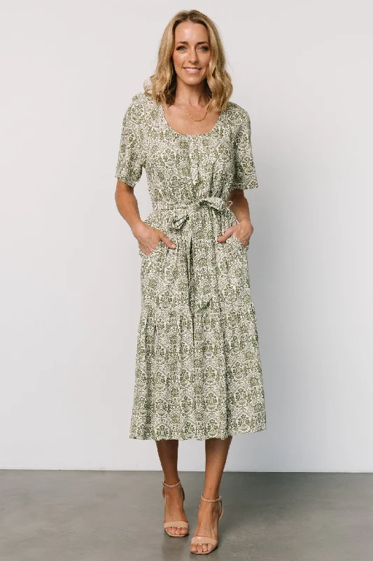 Midi dresses with off - the - shoulder necklines for a flirty look Lyla Midi Dress | White + Olive Print Midi dresses with off - the - shoulder necklines for a flirty look Lyla Midi Dress | White + Olive Print