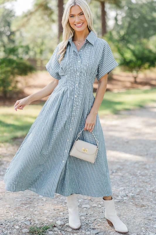 Midi dresses with cold - shoulder cutouts for a trendy style On Your Radar Dusty Olive Striped Midi Dress Midi dresses with cold - shoulder cutouts for a trendy style On Your Radar Dusty Olive Striped Midi Dress