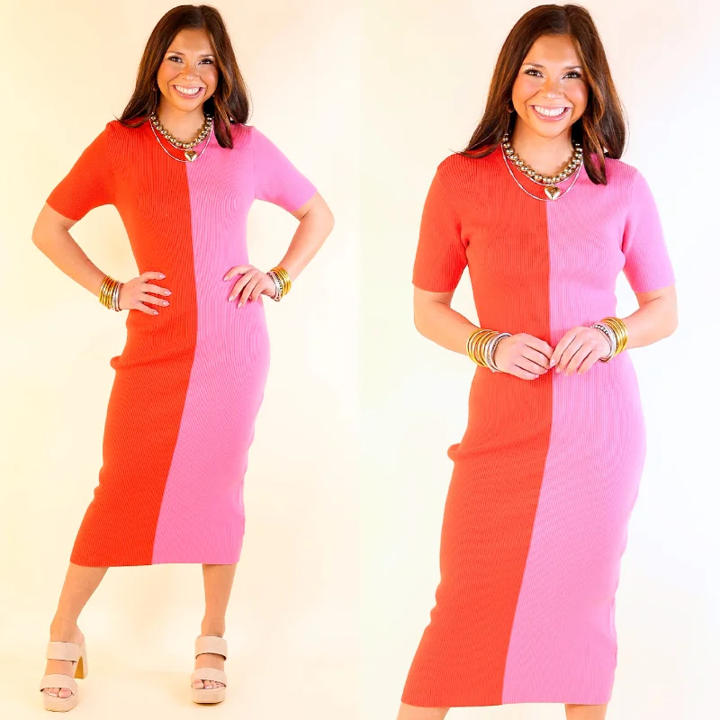 Midi dresses with side slits for a sexy and elegant appearance No Drama Ribbed Short Sleeve Midi Dress in Red and Pink Midi dresses with side slits for a sexy and elegant appearance No Drama Ribbed Short Sleeve Midi Dress in Red and Pink