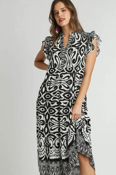 Midi dresses with tassel accents for a bohemian and free - spirited style Full Size Two Tone Border Print Ruffle Cap Sleeve Midi Dress Midi dresses with tassel accents for a bohemian and free - spirited style Full Size Two Tone Border Print Ruffle Cap Sleeve Midi Dress