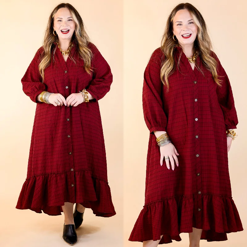 Midi dresses with ribbed textures for a unique and tactile appearance Easy to Please Button Up Ruffle Hem Midi Dress in Maroon Plaid Midi dresses with ribbed textures for a unique and tactile appearance Easy to Please Button Up Ruffle Hem Midi Dress in Maroon Plaid