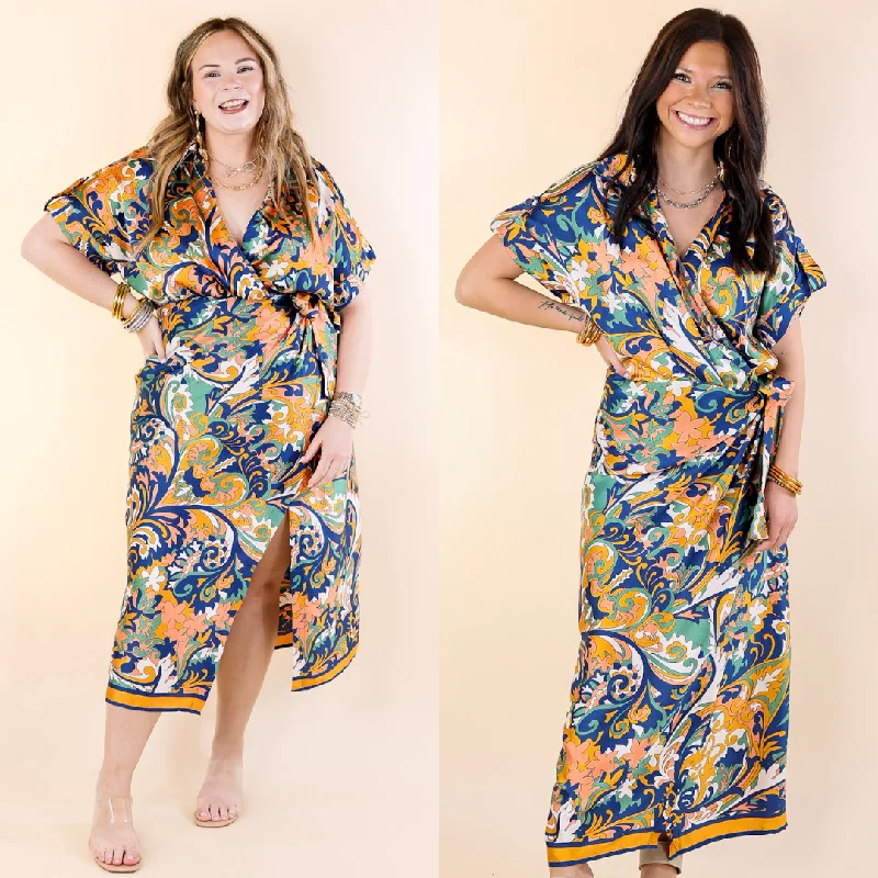 High - low midi dresses with geometric patterns for a modern party Room With A View Baroque Print Wrap Midi Dress in Gold and Navy High - low midi dresses with geometric patterns for a modern party Room With A View Baroque Print Wrap Midi Dress in Gold and Navy