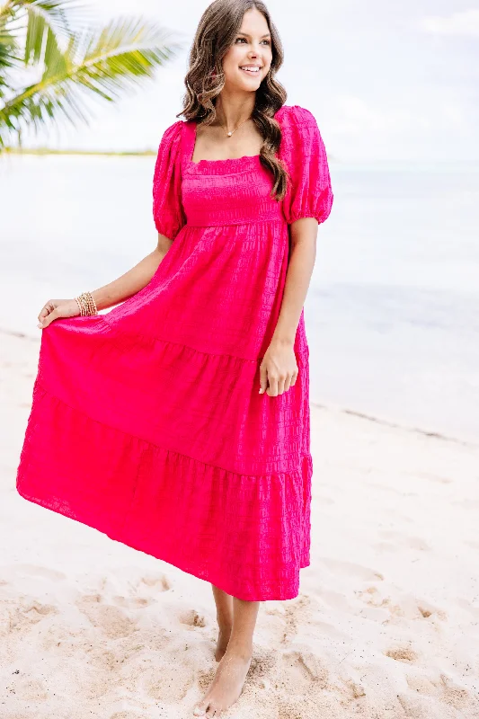 Midi dresses with fringe details for a fun and energetic style Think About It Fuchsia Pink Midi Dress Midi dresses with fringe details for a fun and energetic style Think About It Fuchsia Pink Midi Dress