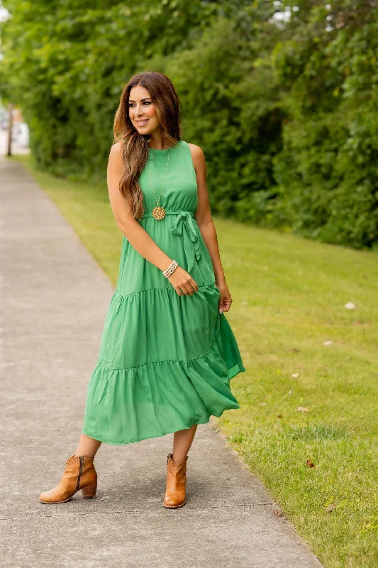 Maxi - inspired midi dresses with flowing fabrics for a beachy vibe Triple Tiered Tie Waist Midi Dress Maxi - inspired midi dresses with flowing fabrics for a beachy vibe Triple Tiered Tie Waist Midi Dress
