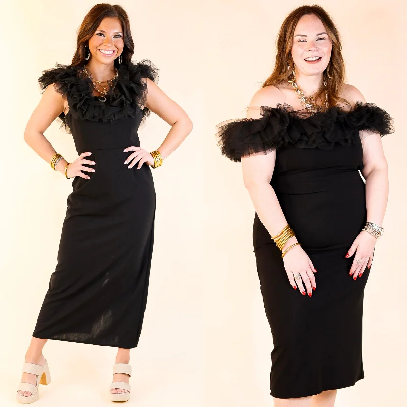 Midi dresses with satin - finish fabrics for a luxurious feel Radiating Confidence Off the Shoulder Tulle Dress in Black Midi dresses with satin - finish fabrics for a luxurious feel Radiating Confidence Off the Shoulder Tulle Dress in Black