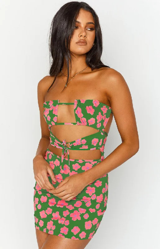 Satin mini dresses for a luxurious feel Chantria Green Floral Strapless Mini Dress