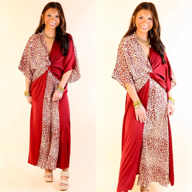 High - low midi dresses with geometric patterns for a modern party Take My Breath Away Front Knot Leopard Print Block Midi Dress in Maroon High - low midi dresses with geometric patterns for a modern party Take My Breath Away Front Knot Leopard Print Block Midi Dress in Maroon