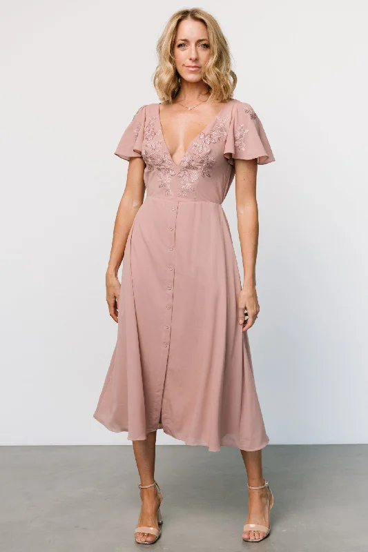 Midi dresses with mesh inserts for a trendy and breathable option Swan Bead Embroidered Midi Dress | Dusty Rose Midi dresses with mesh inserts for a trendy and breathable option Swan Bead Embroidered Midi Dress | Dusty Rose