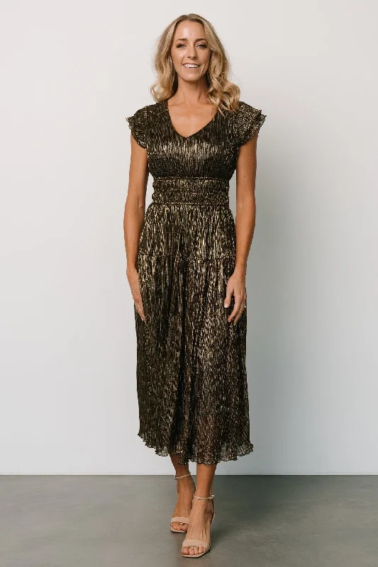 Midi dresses with V - necklines for a flattering and elongating effect Miley Pleated Shimmer Dress | Gold Midi dresses with V - necklines for a flattering and elongating effect Miley Pleated Shimmer Dress | Gold