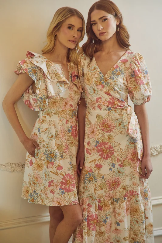 Strapless mini dresses for a beach vacation Day Lily Floral Ruffle Mini Dress