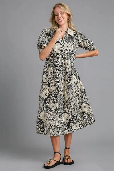 Midi dresses with pleated skirts for a timeless and elegant appeal Full Size Printed Smocked Cuff Puff Sleeve Midi Dress Midi dresses with pleated skirts for a timeless and elegant appeal Full Size Printed Smocked Cuff Puff Sleeve Midi Dress