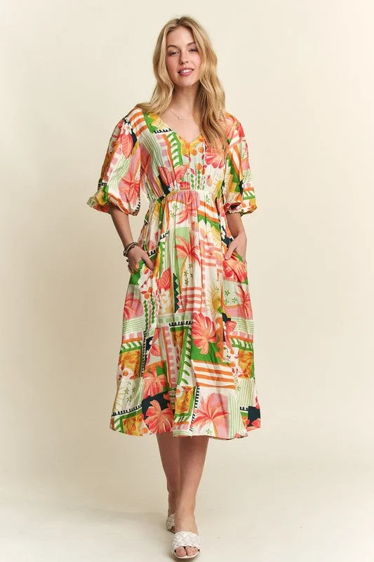 Midi dresses with pom - pom trims for a playful and festive look Floral V-Neck Puff Sleeve Midi Dress