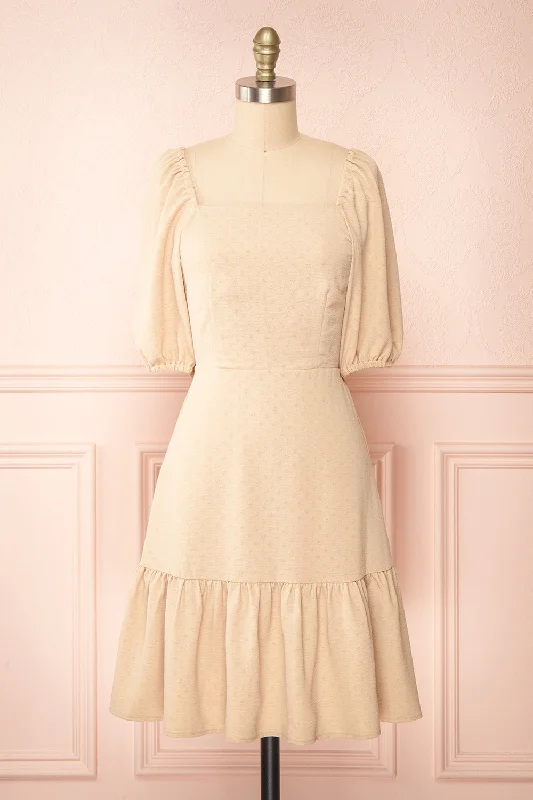 Leather mini dresses for a edgy style Suki | Short Beige Dress w/ Open-Back