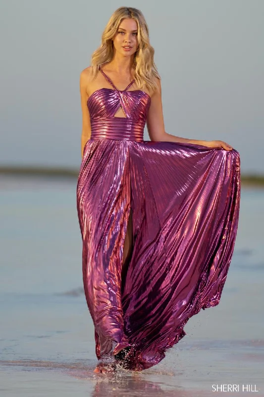 Polyester mini dresses for easy care Sherri Hill Pleated Metallic Prom Dress 55930