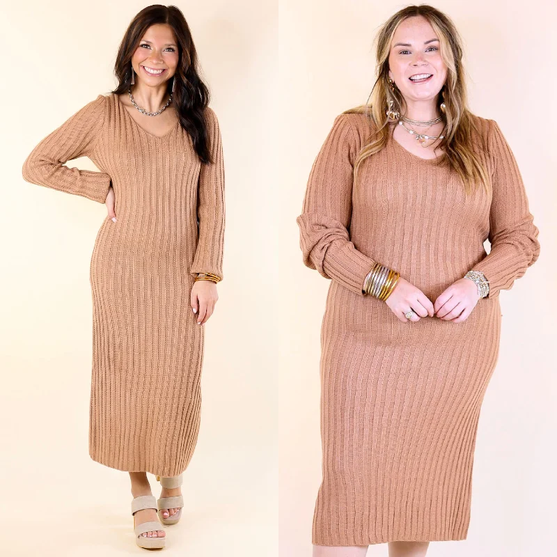 Midi dresses with sheer panels for a touch of allure Pumpkin Spice Weather V Neck Midi Sweater Dress in Clay Nude Midi dresses with sheer panels for a touch of allure Pumpkin Spice Weather V Neck Midi Sweater Dress in Clay Nude