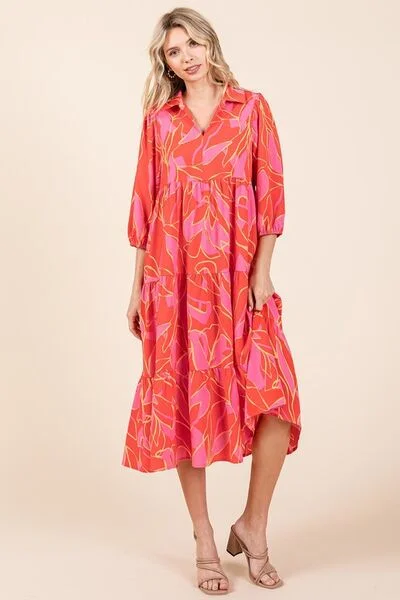 Midi dresses with tiered skirts for a bohemian festival look Tiered Printed Collared Neck Midi Dress Midi dresses with tiered skirts for a bohemian festival look Tiered Printed Collared Neck Midi Dress