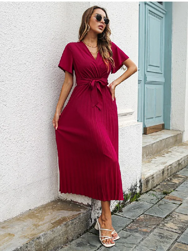 Midi dresses with belted waists to accentuate the figure BerriesJam - 2024 V-neck Short Sleeve casual Folds Lace Up Party Beach Dress