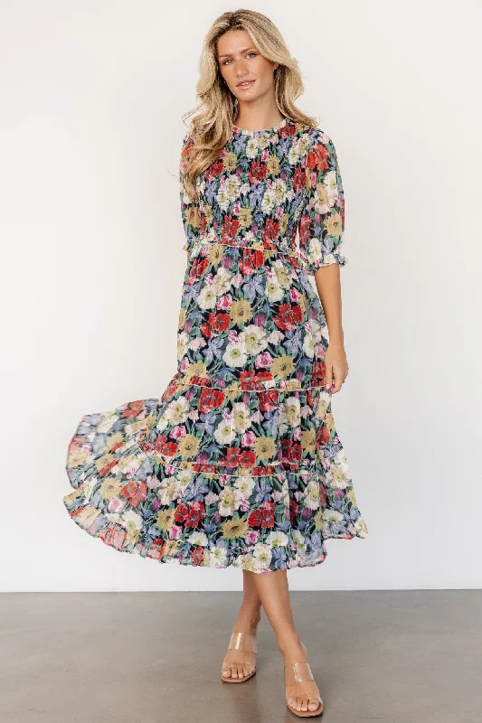 Midi dresses with empire waists for a flattering maternity option Rosalina Smocked Dress | Black Multi Floral Midi dresses with empire waists for a flattering maternity option Rosalina Smocked Dress | Black Multi Floral