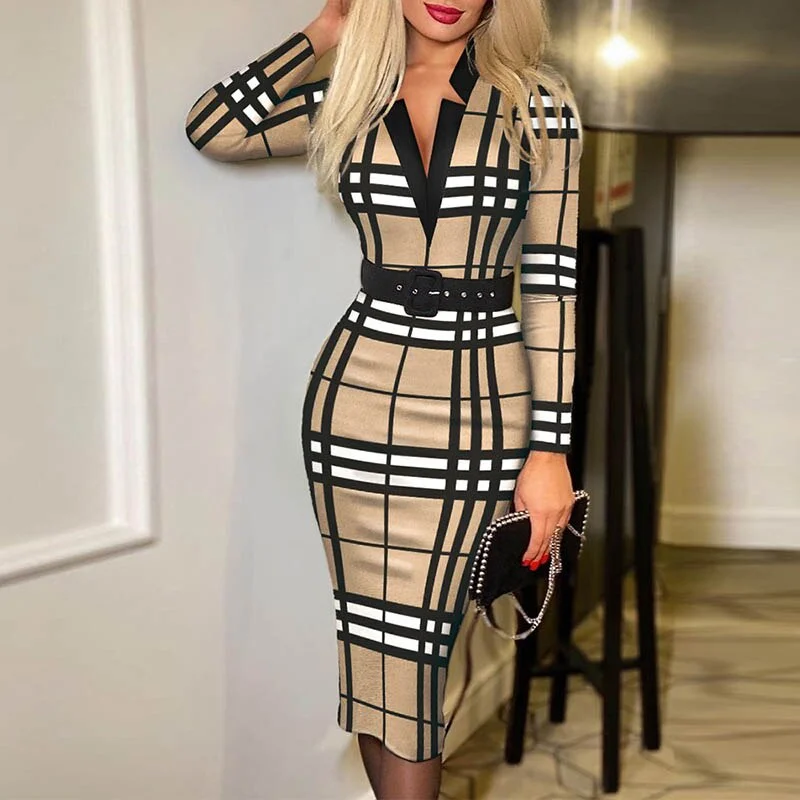 Midi dresses with side slits for a sexy and elegant appearance BerriesJam - 2024 Plaid Print Long-sleeved V Neck Slim Party Dress Midi dresses with side slits for a sexy and elegant appearance BerriesJam - 2024 Plaid Print Long-sleeved V Neck Slim Party Dress