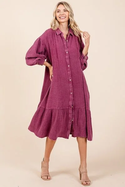 Midi dresses with printed lining for a hidden and stylish detail Mineral Wash Cotton Gauze Ruffle Midi Shirt Dress Midi dresses with printed lining for a hidden and stylish detail Mineral Wash Cotton Gauze Ruffle Midi Shirt Dress