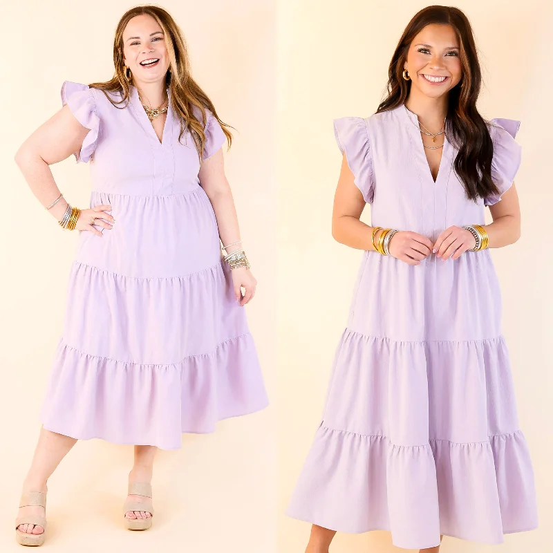 Midi dresses with belted waists to accentuate the figure Magnolia Morning Ruffle Cap Sleeve Tiered Midi Dress in Lavender Purple Midi dresses with belted waists to accentuate the figure Magnolia Morning Ruffle Cap Sleeve Tiered Midi Dress in Lavender Purple