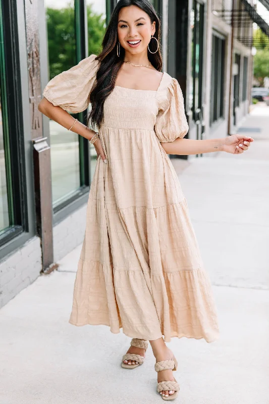 Midi dresses with cold - shoulder cutouts for a trendy style Think About It Taupe Brown Midi Dress Midi dresses with cold - shoulder cutouts for a trendy style Think About It Taupe Brown Midi Dress