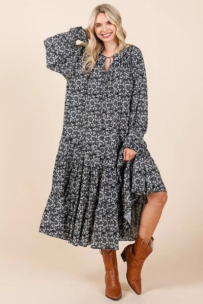 Midi dresses with puff sleeves for a vintage - inspired look Printed Tie Neck Flounce Sleeve Midi Dress Midi dresses with puff sleeves for a vintage - inspired look Printed Tie Neck Flounce Sleeve Midi Dress