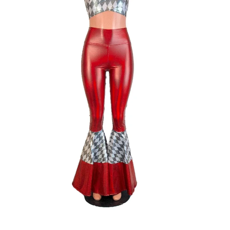 Plus Size Women's Patchwork - Design Jeans for a Unique AppearanceTiered Bell Bottom Flares - Red Holograph w/ Holo Harlequin Plus Size Women's Patchwork - Design Jeans for a Unique AppearanceTiered Bell Bottom Flares - Red Holograph w/ Holo Harlequin