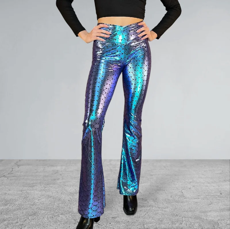 Wide - Leg Women's Chiffon Palazzo Pants for a Flowy AppealCrossover V-Waist Bootcut Flare Pants - Mermaid Holographic Wide - Leg Women's Chiffon Palazzo Pants for a Flowy AppealCrossover V-Waist Bootcut Flare Pants - Mermaid Holographic