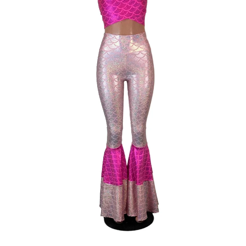 Flare Leg Women's Satin Trousers for a Glamorous Night OutTiered Bell Bottom Flares - Pink Mermaid Scales Flare Leg Women's Satin Trousers for a Glamorous Night OutTiered Bell Bottom Flares - Pink Mermaid Scales