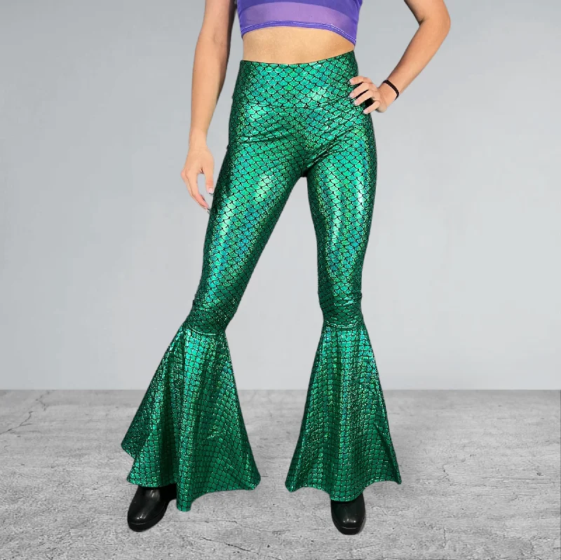 Plus Size Women's Patchwork - Design Jeans for a Unique AppearanceMermaid Bell Bottoms - Green Metallic Mermaid Scales Costume Flare Pants Plus Size Women's Patchwork - Design Jeans for a Unique AppearanceMermaid Bell Bottoms - Green Metallic Mermaid Scales Costume Flare Pants