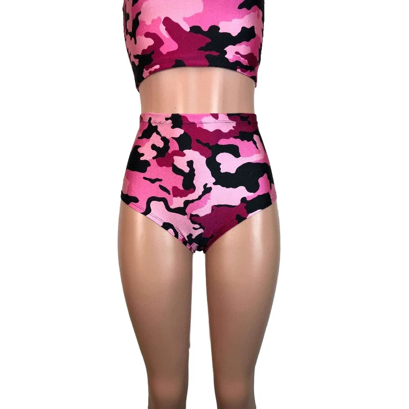 Bell - Bottom Style Women's Denim Pants with Embroidered DetailsHigh Waist Hot Pants - Pink Camo