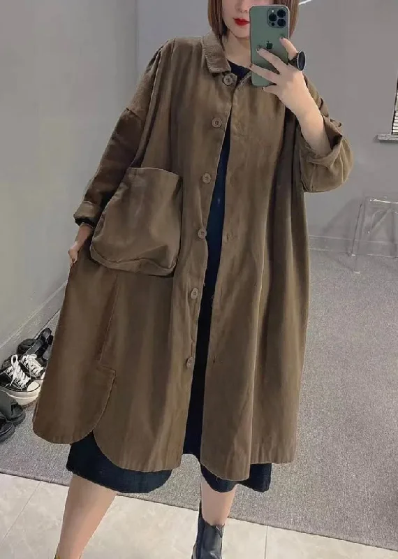 Mid - length women's down coats in a slim fit for a modern and sleek appearanceArt Coffee Colour Peter Pan Collar Pockets Patchwork Button Cotton Trench Coats Long Sleeve