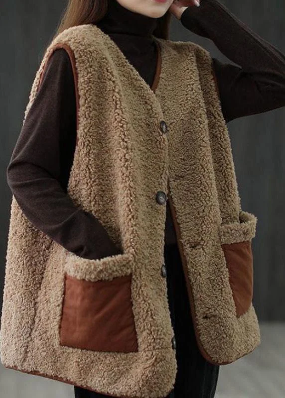 Women's long - sleeve wool coats in a houndstooth pattern for a classic charmArt Khaki Button Pockets Fall Thick Blouse Waistcoat