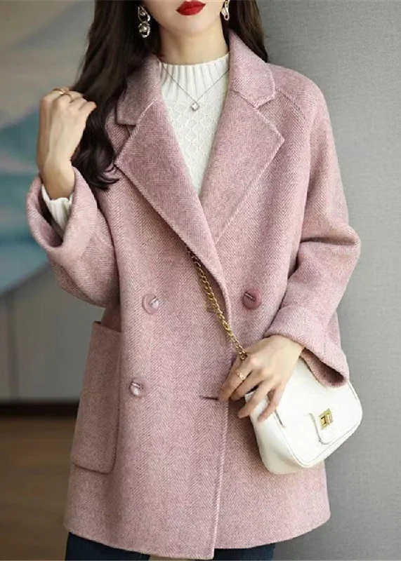 Embroidered women's cotton coats in a bohemian pattern for a unique designBeautiful Pink Double Breast Pockets Patchwork Woolen Coats Winter