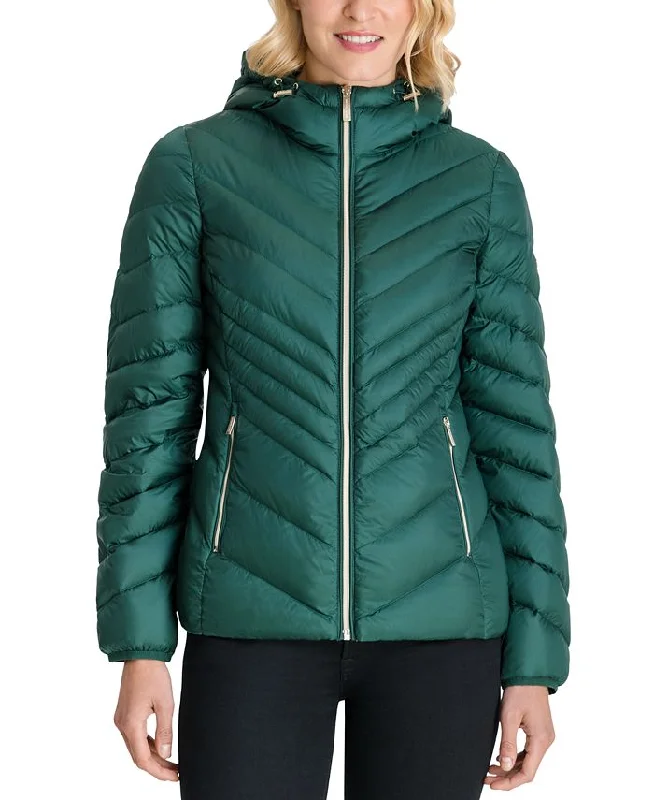 Women's cropped leather coats with silver studs for an edgy lookMichael Michael Kors Women's Green Chevron Double Layer Zipper 3/4 Hooded Packable Coat Women's cropped leather coats with silver studs for an edgy lookMichael Michael Kors Women's Green Chevron Double Layer Zipper 3/4 Hooded Packable Coat