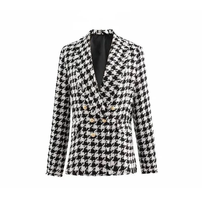 Women's Longline Linen Blazers in Pastel Colors for Summer EventsBlack And White Houndstooth Blazer Coat With Gold Buttons Women's Longline Linen Blazers in Pastel Colors for Summer EventsBlack And White Houndstooth Blazer Coat With Gold Buttons