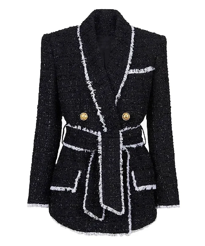 Women's Notched Lapel Blazers in Beige for a Timeless OutfitBlack Tweed Belted Blazer Women's Notched Lapel Blazers in Beige for a Timeless OutfitBlack Tweed Belted Blazer