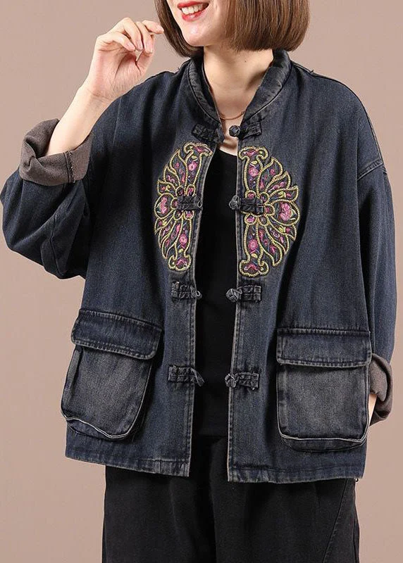 Quilted down women's coats with removable hoods for outdoor activitiesBoho Black Button Embroidered Pockets Fall Denim Jackets