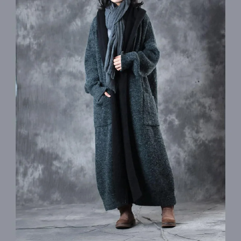 Women's knee - length wool blend coats with a fur collar for added warmthboutique dark gray winter Coats woolen coats Loose fitting hooded pockets outwear women patchwork
