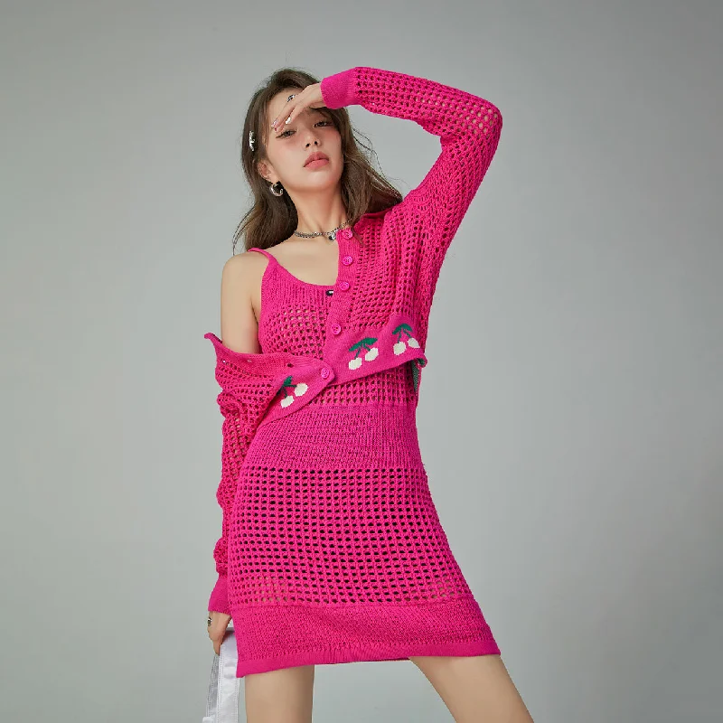 machine washable women cardigan for easy careHot Pink Cherry Crochet Crop Cardigan