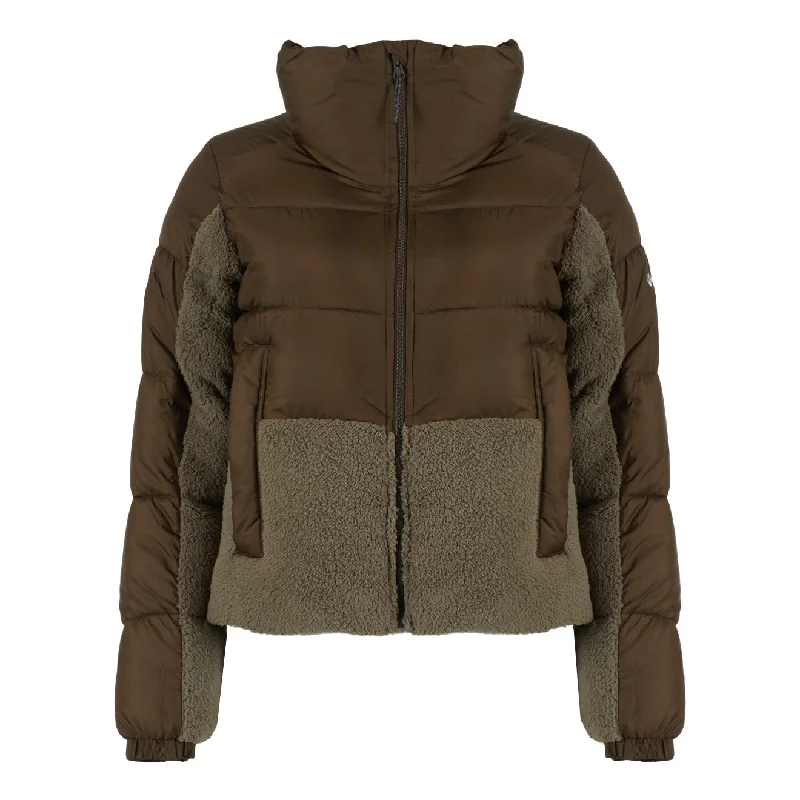 Oversized women's wool coats in a monochromatic look for a trendy outfitColumbia Womens Leadbetter Point Sherpa Hybrid Puffer Jacket Olive Green / Stone Green