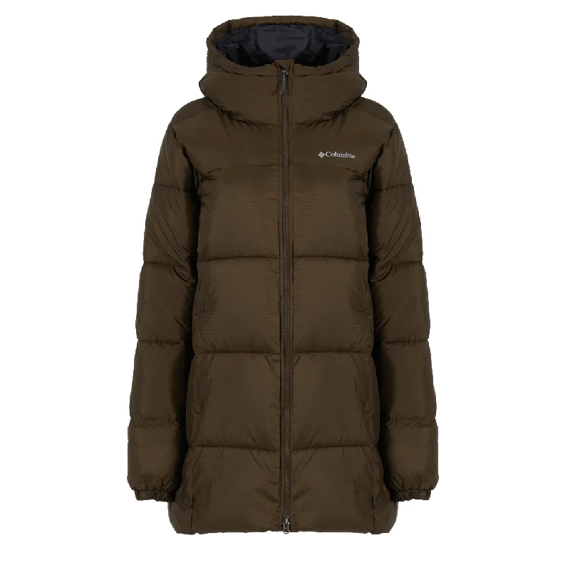 Long women's mac coats in a lightweight fabric for spring showersColumbia Womens Puffect Hooded Mid Puffer Jacket Olive Green