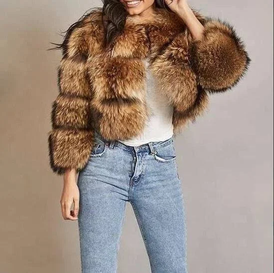Women's faux fur coats in bright colors for a bold fashion statementCropped Dusty Brown Raccoon Fur Coat Women's faux fur coats in bright colors for a bold fashion statementCropped Dusty Brown Raccoon Fur Coat