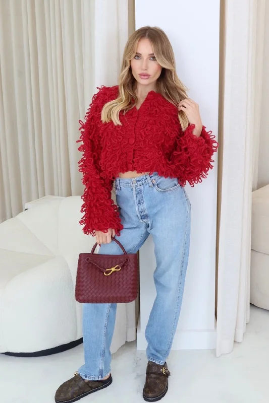 boyfriend style women cardigan for a relaxed fitDaisy red shaggy knit cardigan