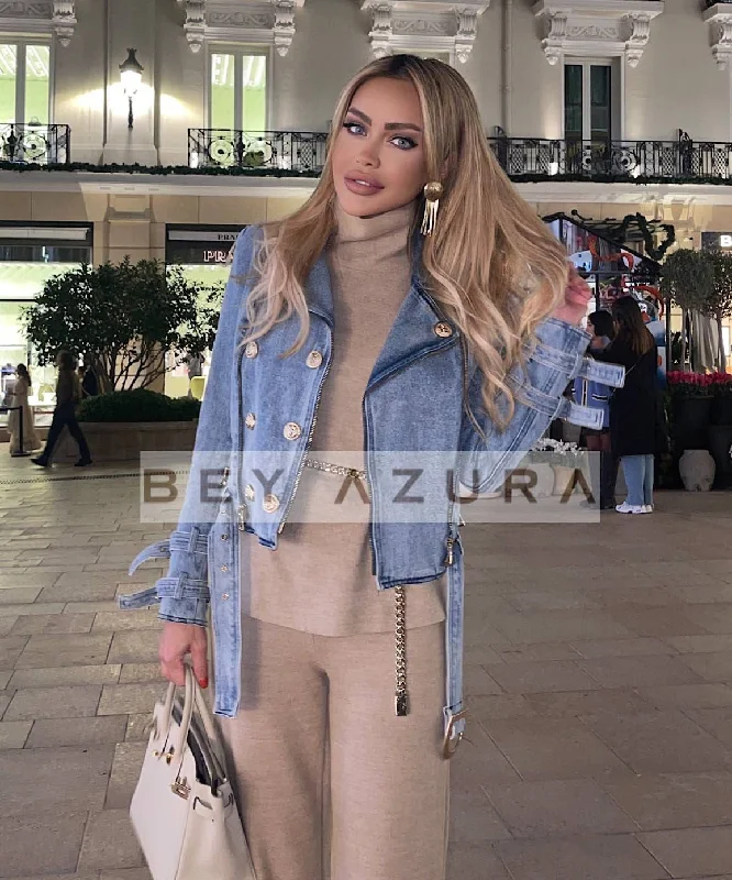 Women's Notched Lapel Blazers in Beige for a Timeless OutfitDenim Gold Button Biker Jacket